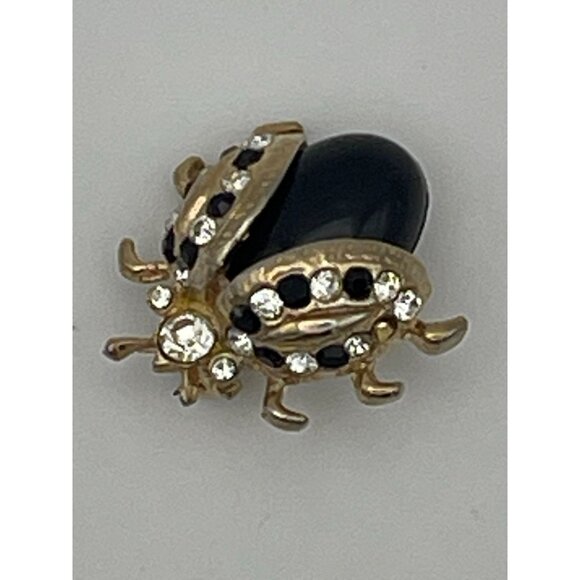 Ladybug Black Gold Tone Brooch Clear Rhinestones 1" - Picture 3 of 11